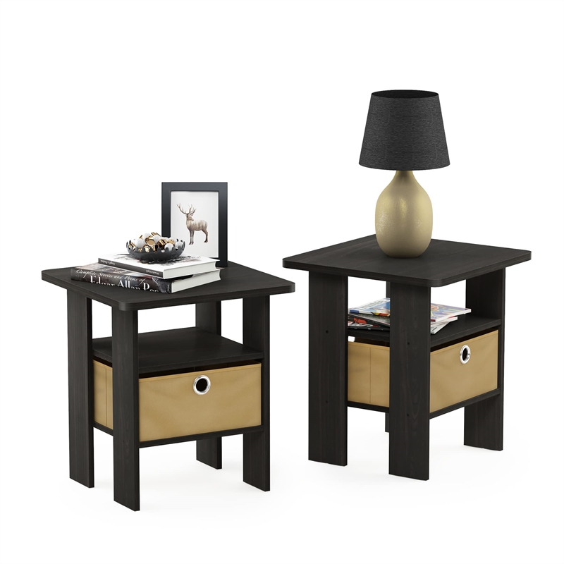 Pemberly Row Wood End Table with Bin Drawer in Espresso (Set of 2)