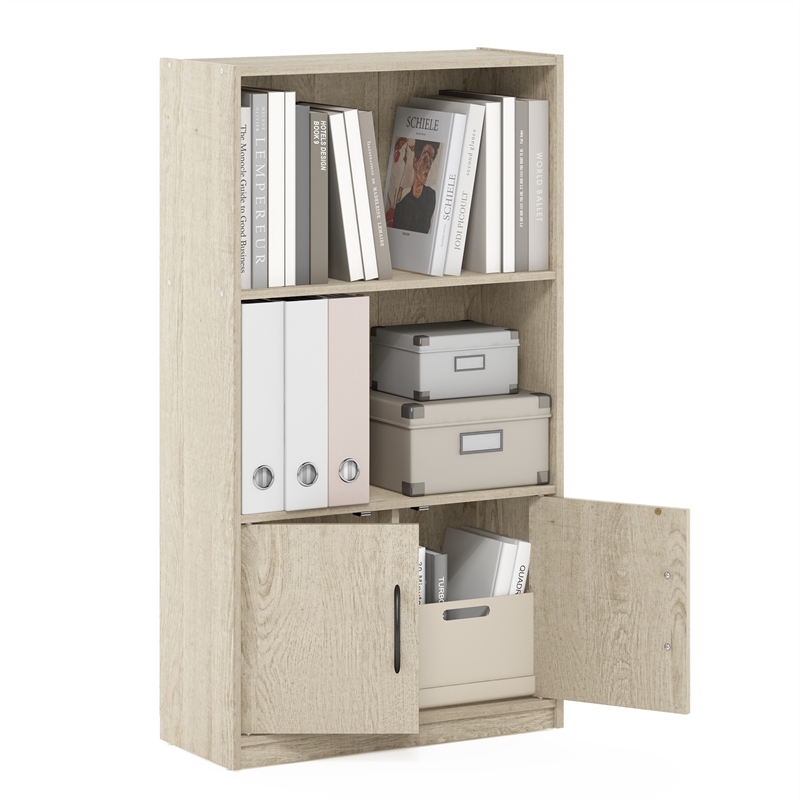 Pemberly Row 3-Tier Bookcase with 2 Doors Storage Cabinet in Metropolitan Pine
