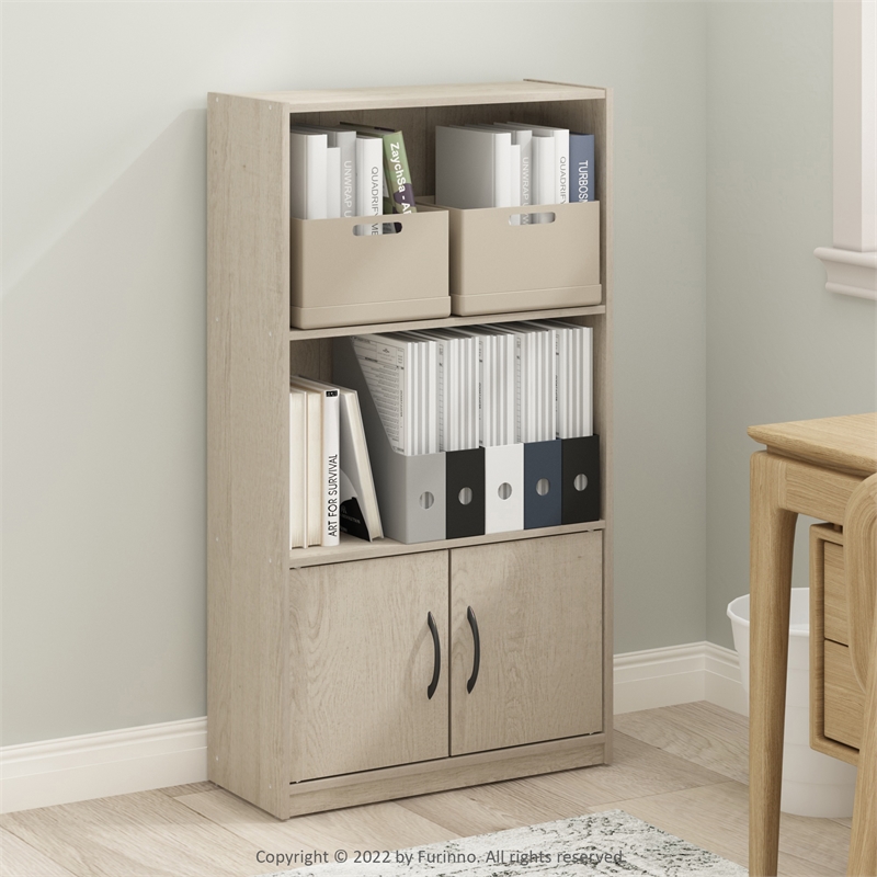 Pemberly Row 3-Tier Bookcase with 2 Doors Storage Cabinet in Metropolitan Pine