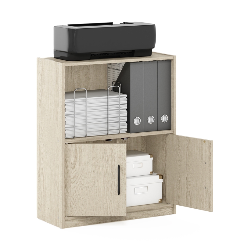 Pemberly Row 2-Tier Bookcase with 2 Doors Storage Cabinet in Metropolitan Pine