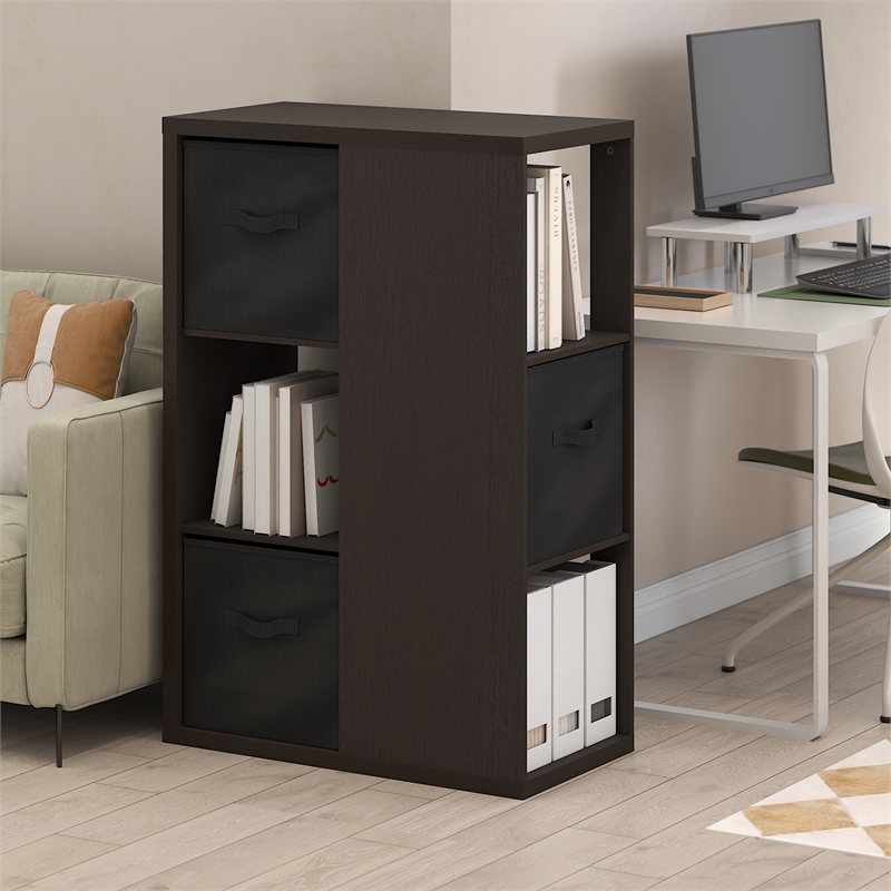 Pemberly Row 3-Tier Open Shelf Bookcase with Storage Bins in Dark Oak