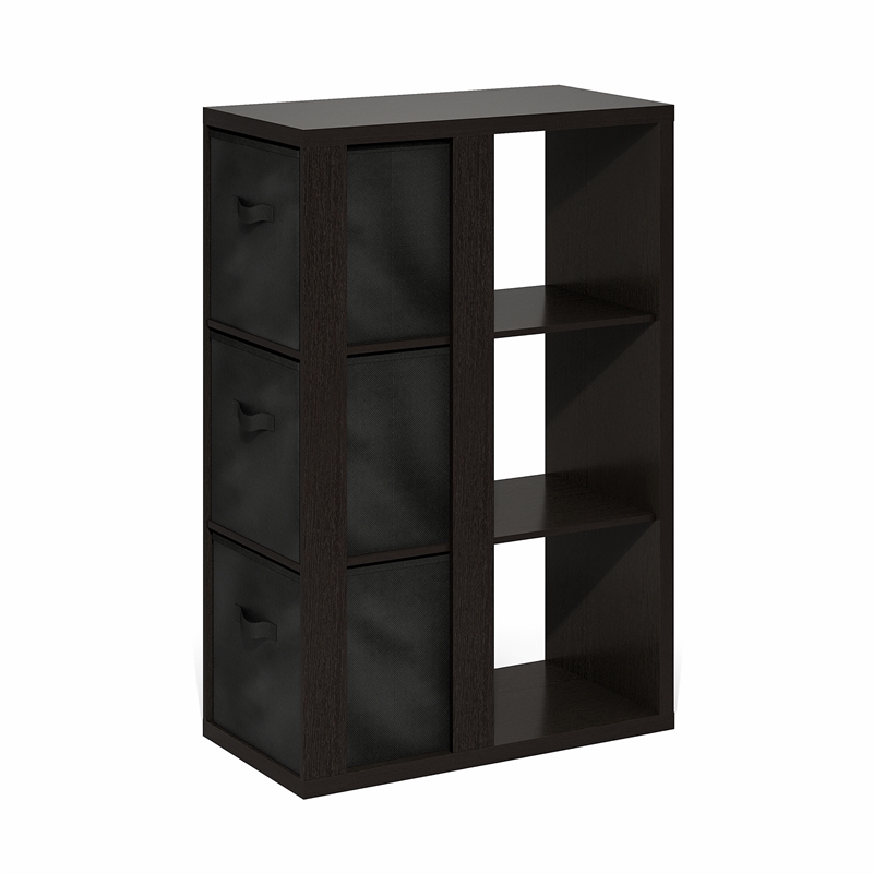 Pemberly Row 3-Tier Open Shelf Bookcase with Storage Bins in Dark Oak