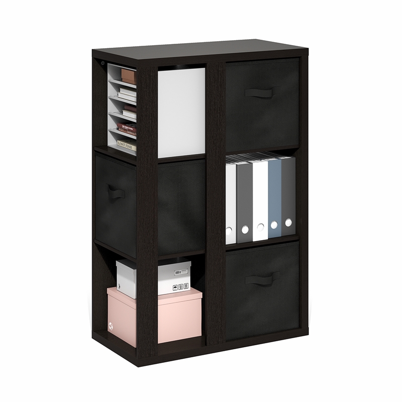 Pemberly Row 3-Tier Open Shelf Bookcase with Storage Bins in Dark Oak