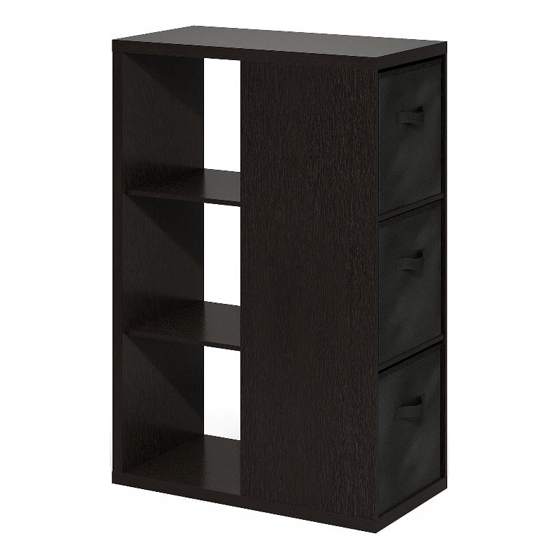 Pemberly Row 3-Tier Open Shelf Bookcase with Storage Bins in Dark Oak