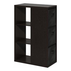 Pemberly Row 3-Tier Open Shelf Bookcase with Storage Bins in Dark Oak