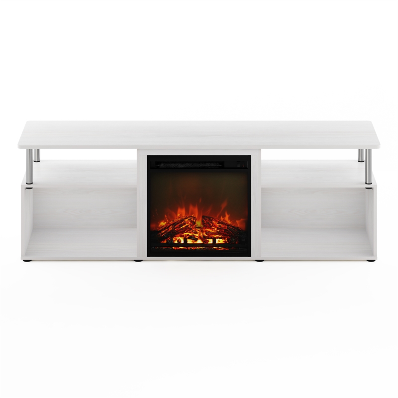 Pemberly Row Open Storage Fireplace Entertainment White Oak/Stainless Steel