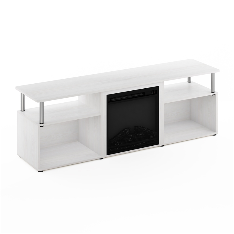 Pemberly Row Open Storage Fireplace Entertainment White Oak/Stainless Steel