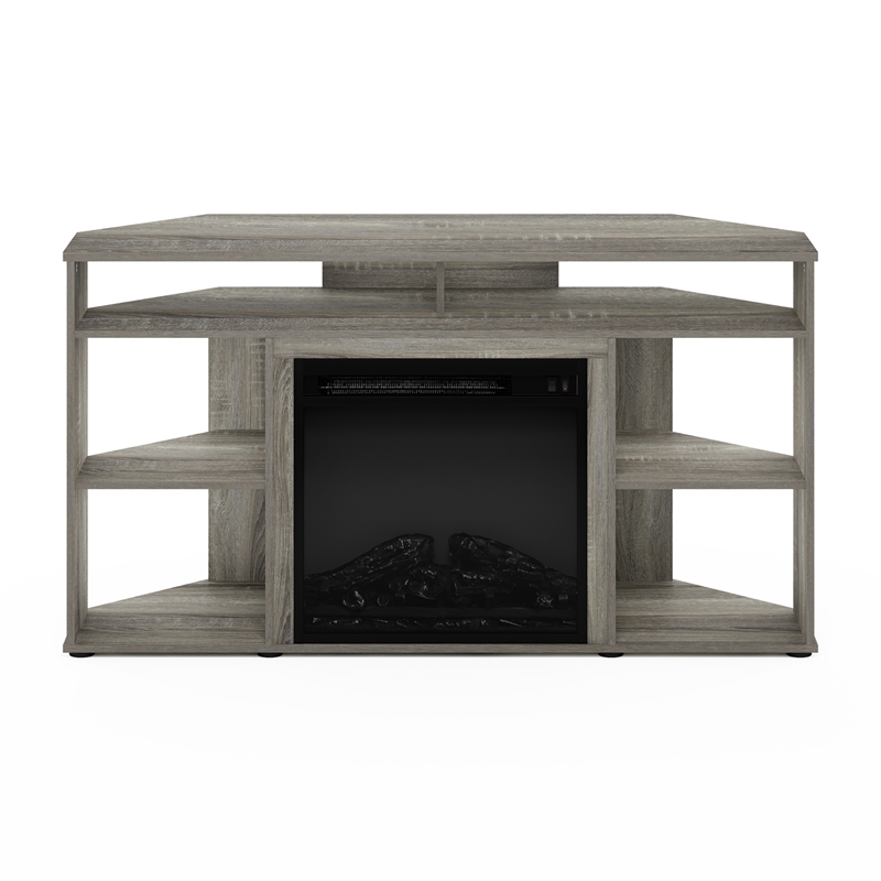 Pemberly Row Corner TV Stand with Fireplace for TV up to 55 French Oak Gray