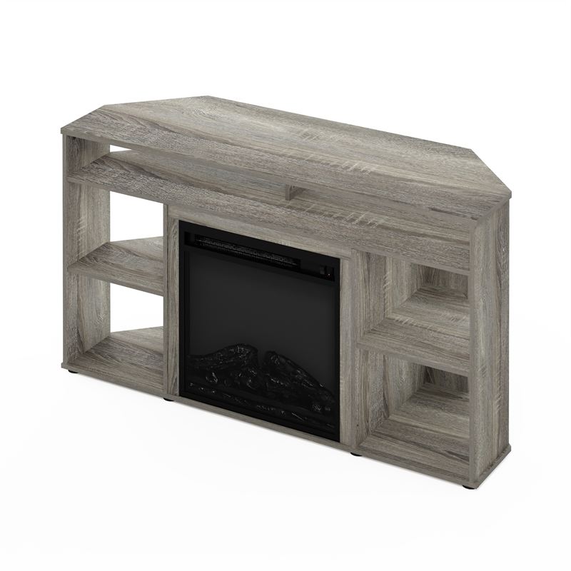 Pemberly Row Corner TV Stand with Fireplace for TV up to 55 French Oak Gray