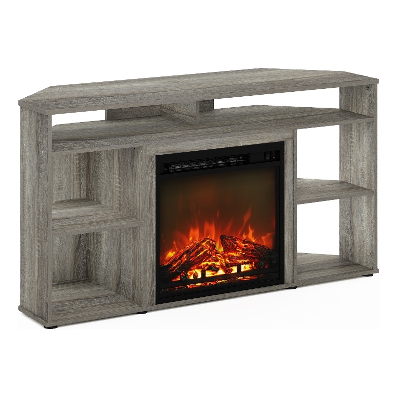 Pemberly Row Corner TV Stand with Fireplace for TV up to 55 French Oak Gray