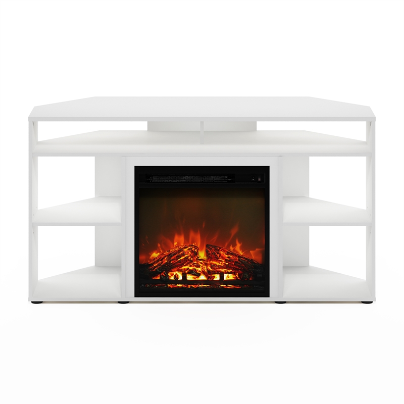 Pemberly Row Corner TV Stand with Fireplace for TV up to 55 Inches Solid White