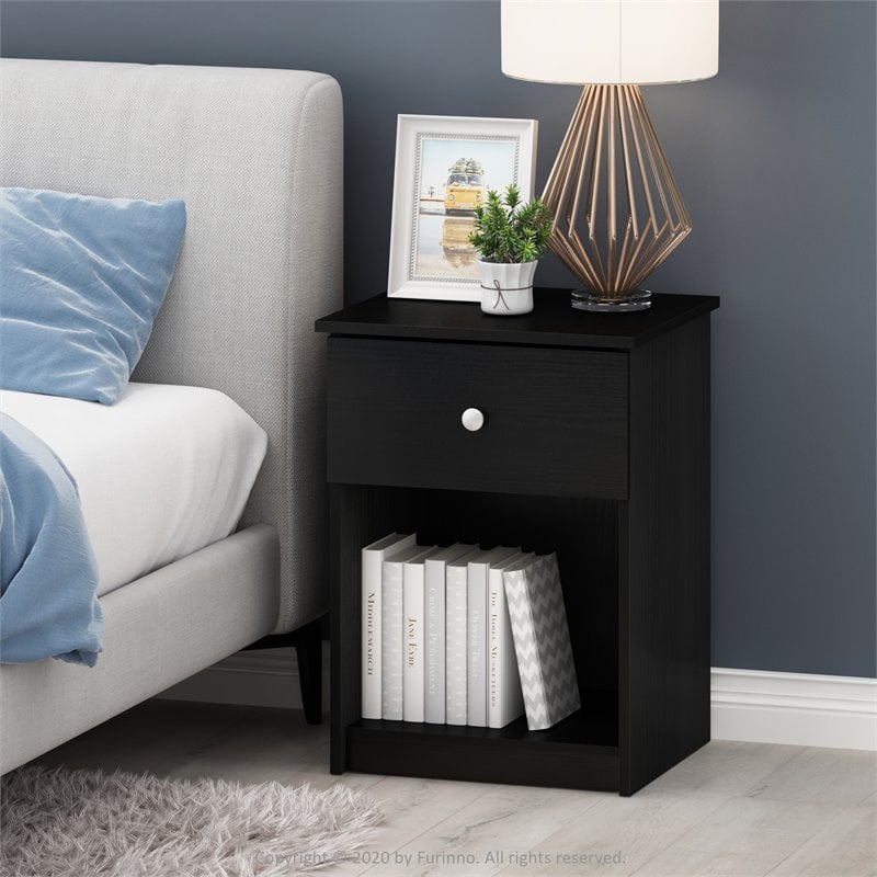 Pemberly Row Engineered Wood Nightstand with One Drawer in Black Oak (Set of 2)