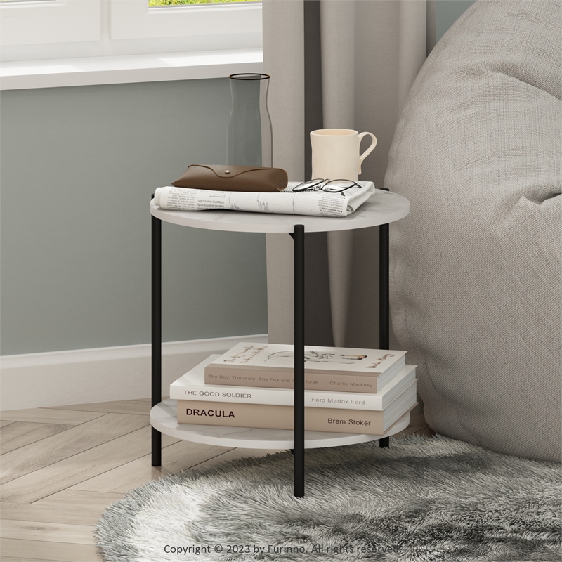 Pemberly Row 2-Tier Modern Round Side End Table with Sturdy Metal Marble White