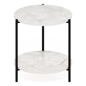 Pemberly Row 2-Tier Modern Round Side End Table with Sturdy Metal Marble White