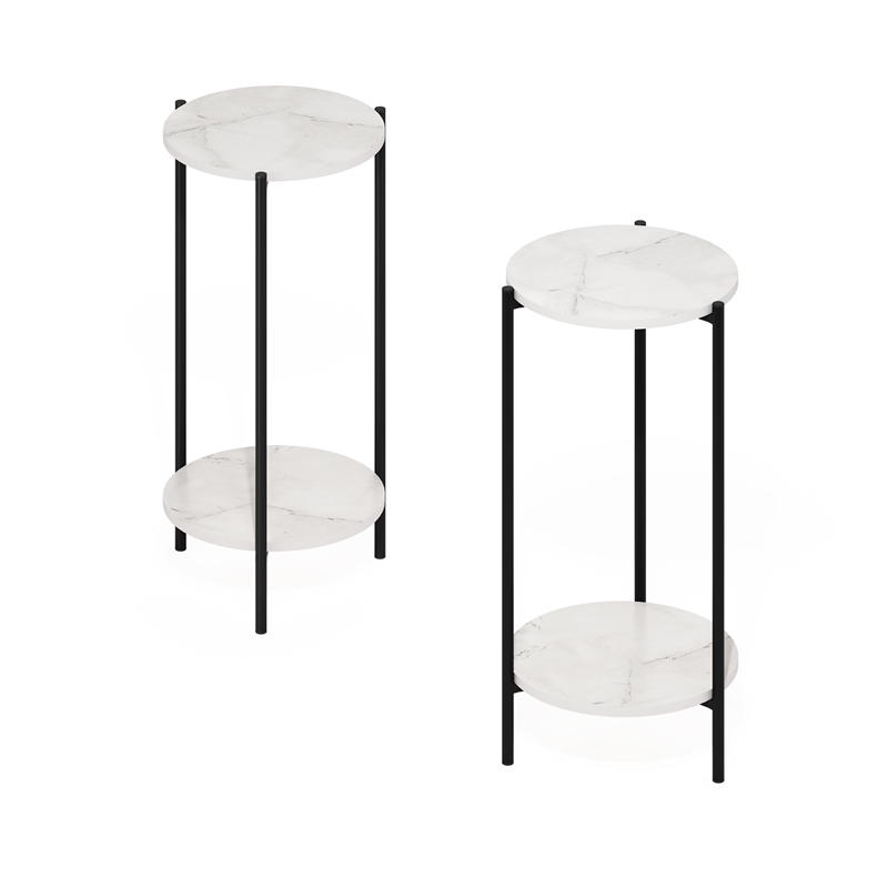 Pemberly Row 2-Tier End Table with Sturdy Metal Legs in Marble White Set of 2