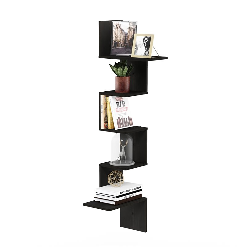 Pemberly Row Engineered Wood 5-Tier Wall Floating Corner Shelf in Espresso