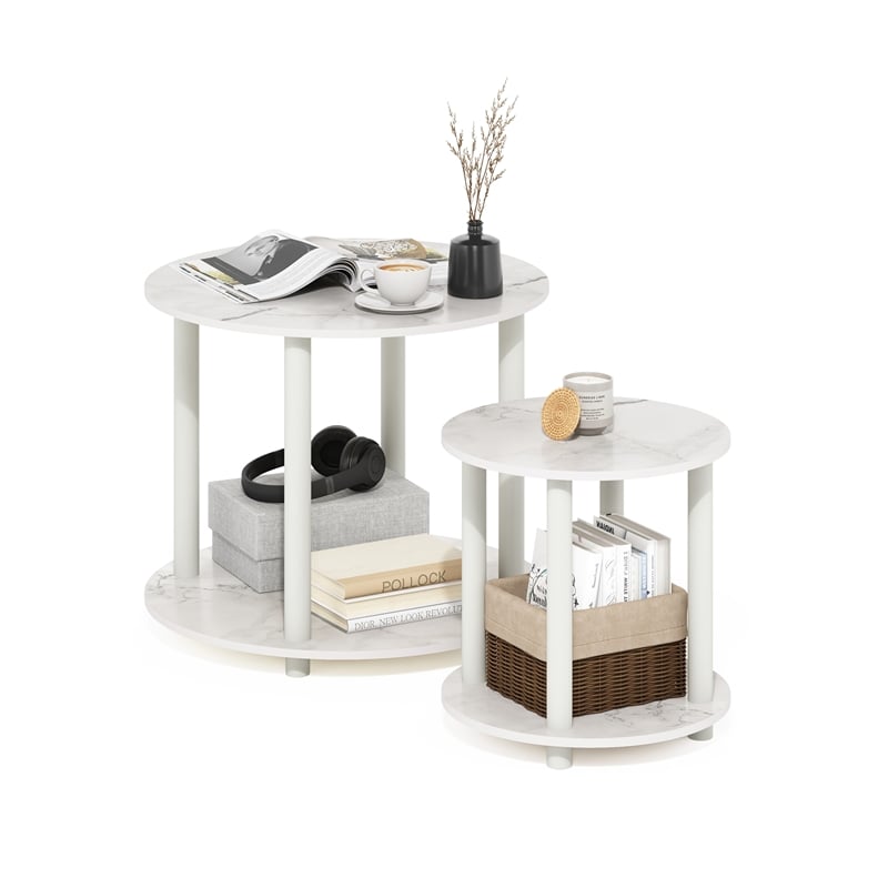 Pemberly Row Turn-N-Tube 2-Tier Round Wood End Table in Marble White