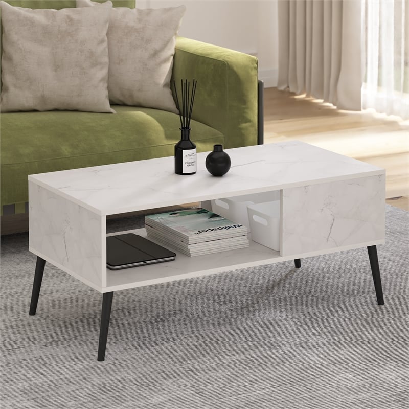 Pemberly Row Mid-Century Coffee Table with Wood Legs in Marble White