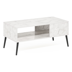 Pemberly Row Mid-Century Coffee Table with Wood Legs in Marble White