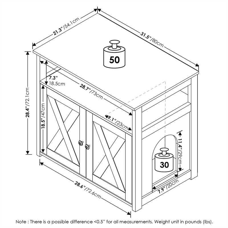 Pemberly Row Farmhouse Cat Litter Cabinet Storage with 2 Doors in Rustic Brown