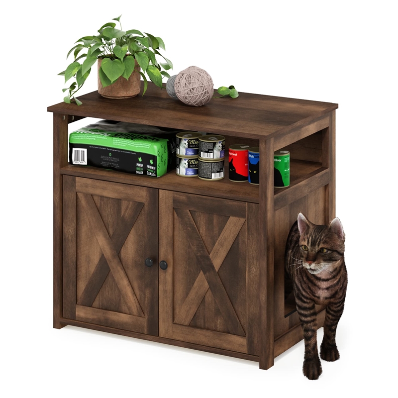 Pemberly Row Farmhouse Cat Litter Cabinet Storage with 2 Doors in Rustic Brown