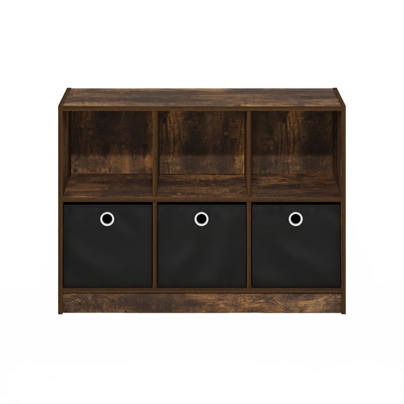 Pemberly Row 3x2 Bookcase Storage w/Bins in Amber Pine/Black