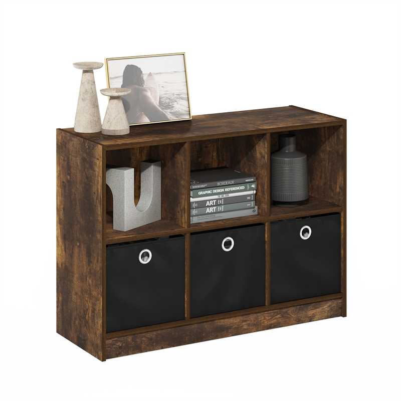 Pemberly Row 3x2 Bookcase Storage w/Bins in Amber Pine/Black