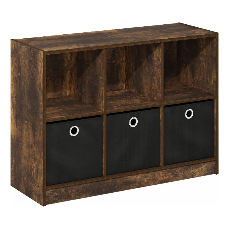 Pemberly Row 3x2 Bookcase Storage w/Bins in Amber Pine/Black