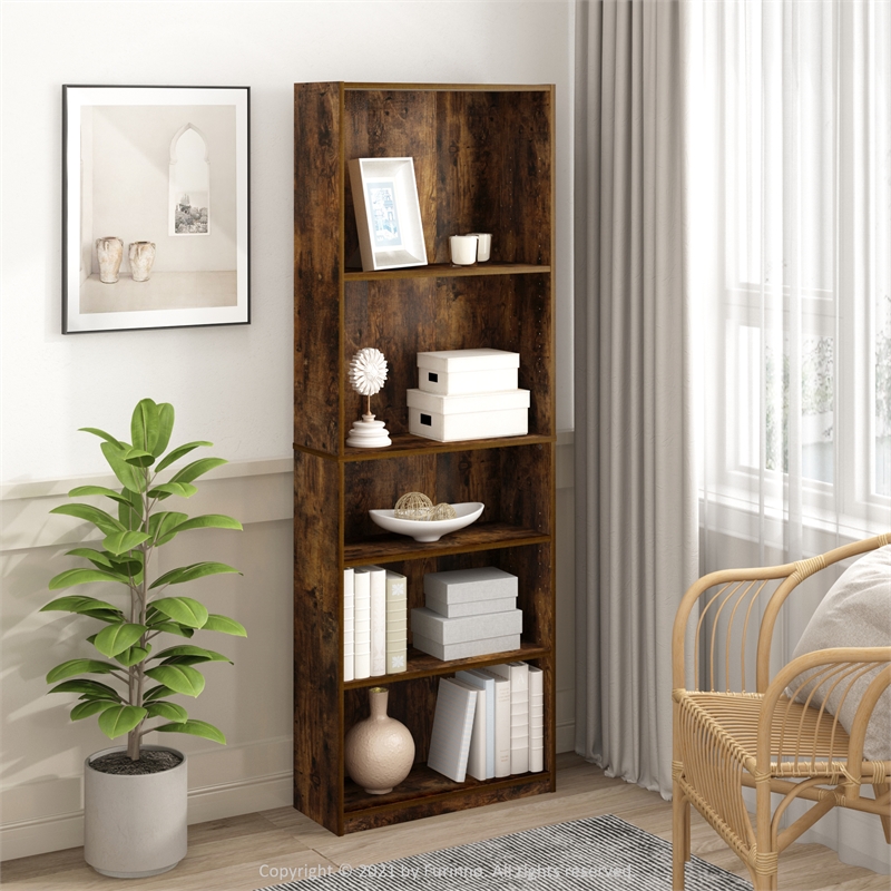 Pemberly Row Adjustable Shelf Bookcase in 5-Tier in Amber Pine