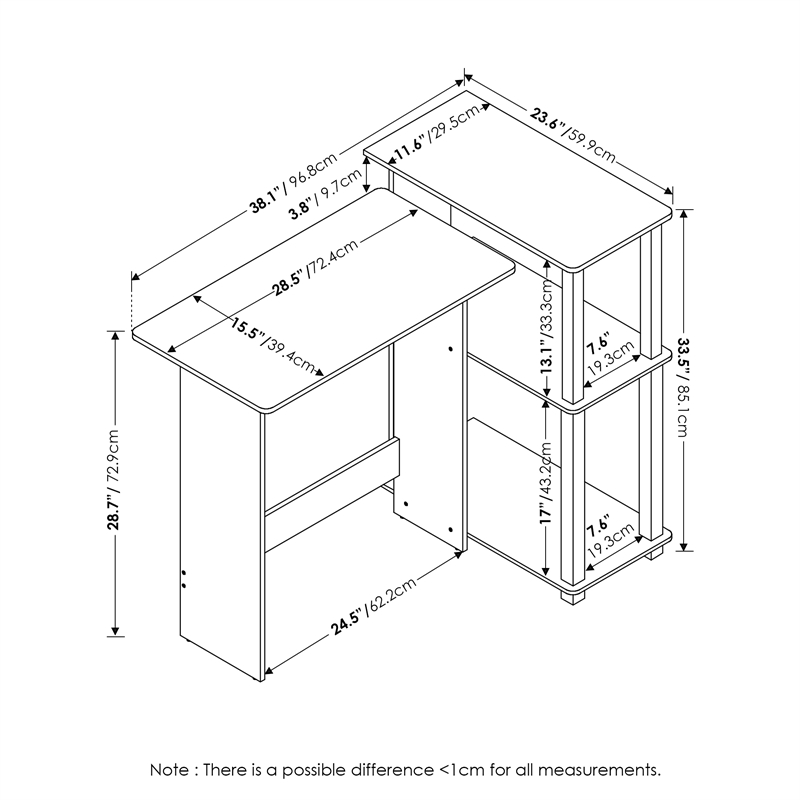 Pemberly Row Corner Computer Desk with Bookshelf in Stainless Steel Tubes