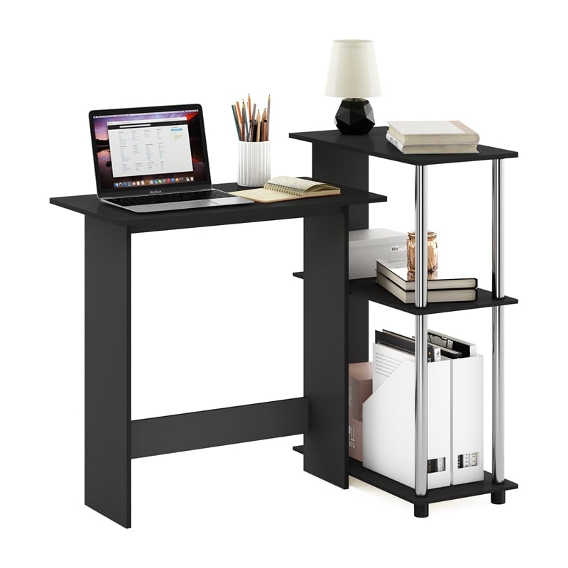 Pemberly Row Corner Computer Desk with Bookshelf in Stainless Steel Tubes