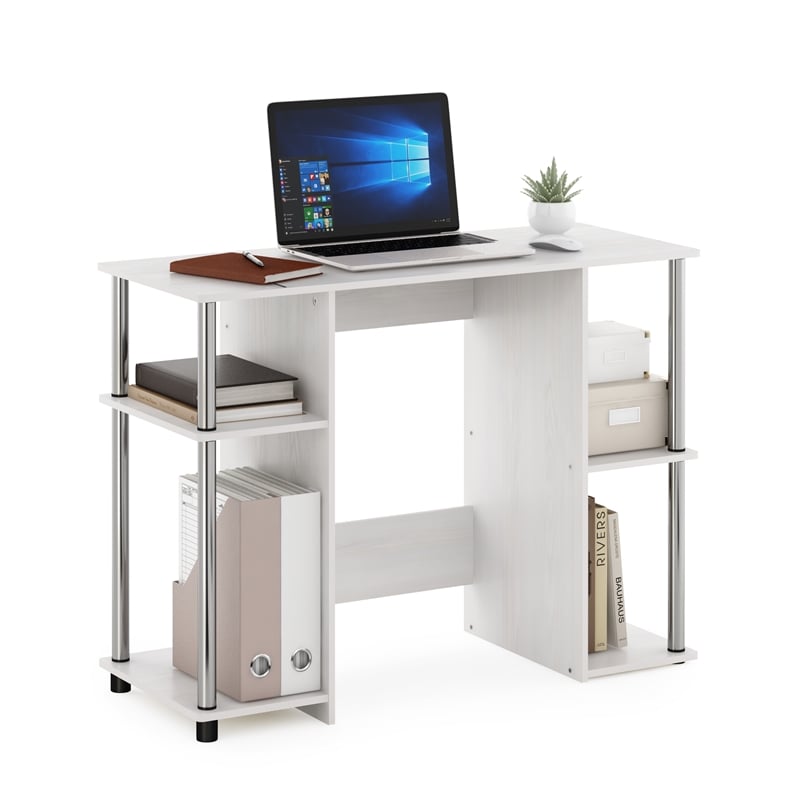Pemberly Row Compact Computer/Study Desk in White Oak in Stainless Steel Tubes