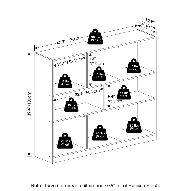 Pemberly Row 8-Cube 3-Tier Bookshelf Organizer 47 Width in Espresso