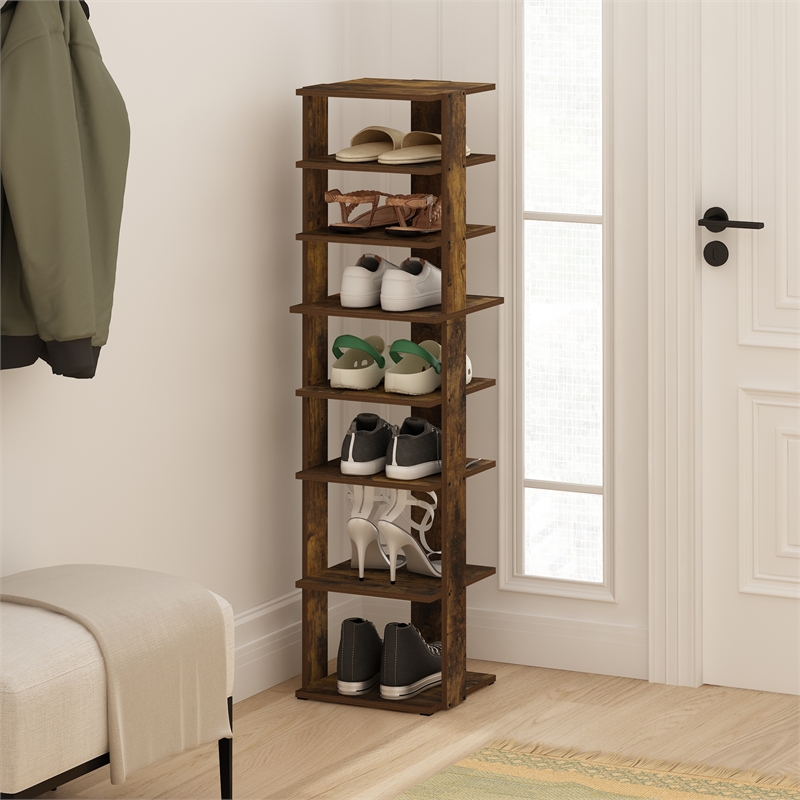 Pemberly Row 8-Tier Vertical Free Standing Shoe Tower in Shoe Rack Amber Pine