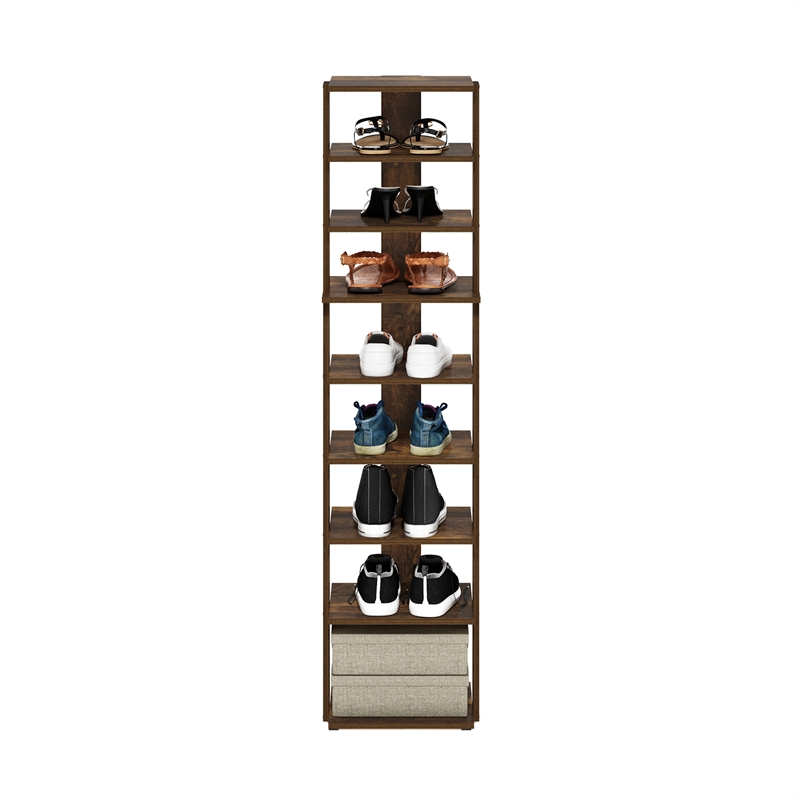 Pemberly Row 9-Tier Vertical Free Standing Shoe Tower in Shoe Rack Amber Pine