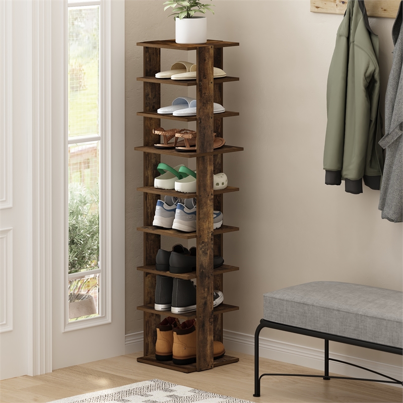 Pemberly Row 9-Tier Vertical Free Standing Shoe Tower in Shoe Rack Amber Pine