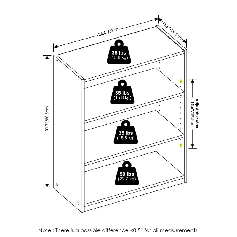 Pemberly Row 3-Tier Bookcase in Bookshelf with Adjustable Shelves in Blackwood