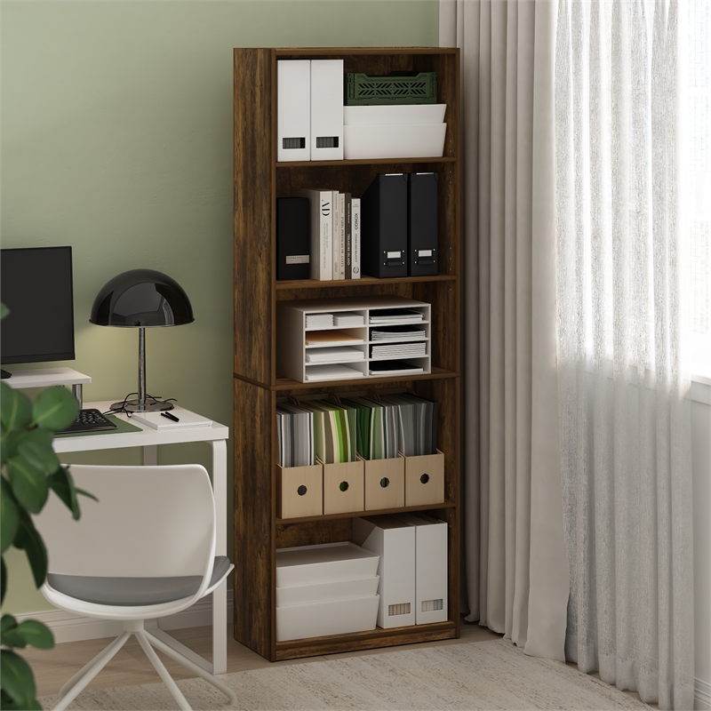Pemberly Row 5-Tier Bookcase in Bookshelf with Adjustable Shelves in Amber Pine