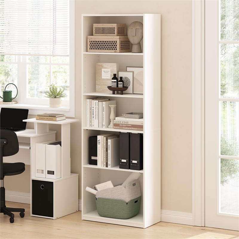 Pemberly Row 5-Tier Bookcase in Bookshelf with Adjustable Shelves in White