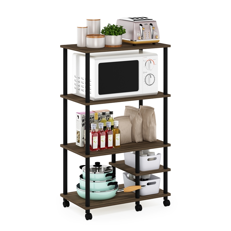 Pemberly Row Turn-N-Tube 4-Tier Kitchen Shelf Cart in Columbia Walnut/Black