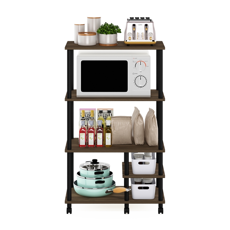 Pemberly Row Turn-N-Tube 4-Tier Kitchen Shelf Cart in Columbia Walnut/Black