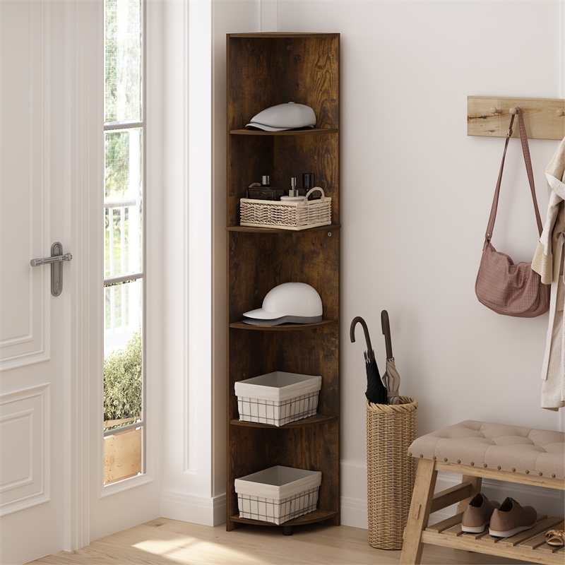 Pemberly Row 5-Tier Corner Shelf Bookcase in Bookshelf in Amber Pine