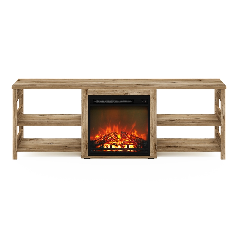 Pemberly Row Classic 70-inch TV Stand with Fireplace in Flagstaff Oak