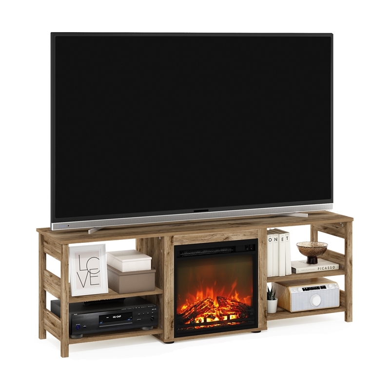 Pemberly Row Classic 70-inch TV Stand with Fireplace in Flagstaff Oak