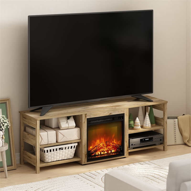 Pemberly Row Classic 70-inch TV Stand with Fireplace in Flagstaff Oak