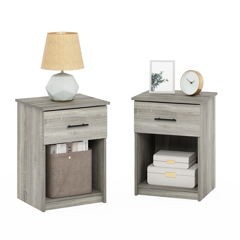 Pemberly Row Nightstand with Handle with One Drawer in Set of 2 French Oak Gray