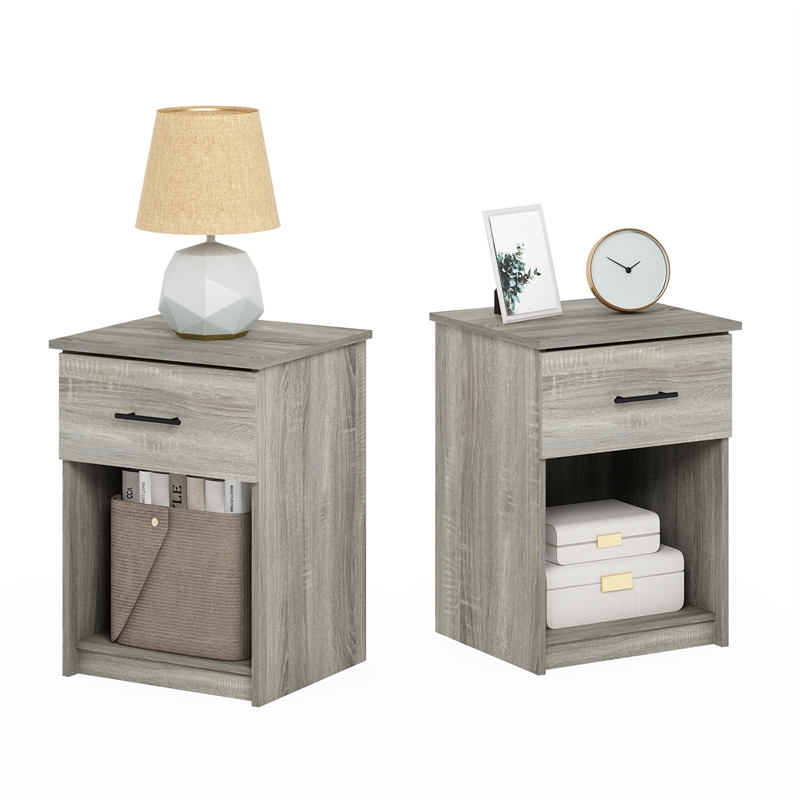 Pemberly Row Nightstand with Handle with One Drawer in Set of 2 French Oak Gray