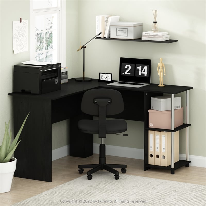 Pemberly Row L-Shape Desk with Stainless Steel Tubes in Americano