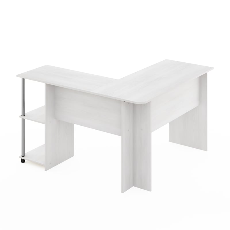 Pemberly Row L-Shape Desk with Stainless Steel Tubes in White Oak