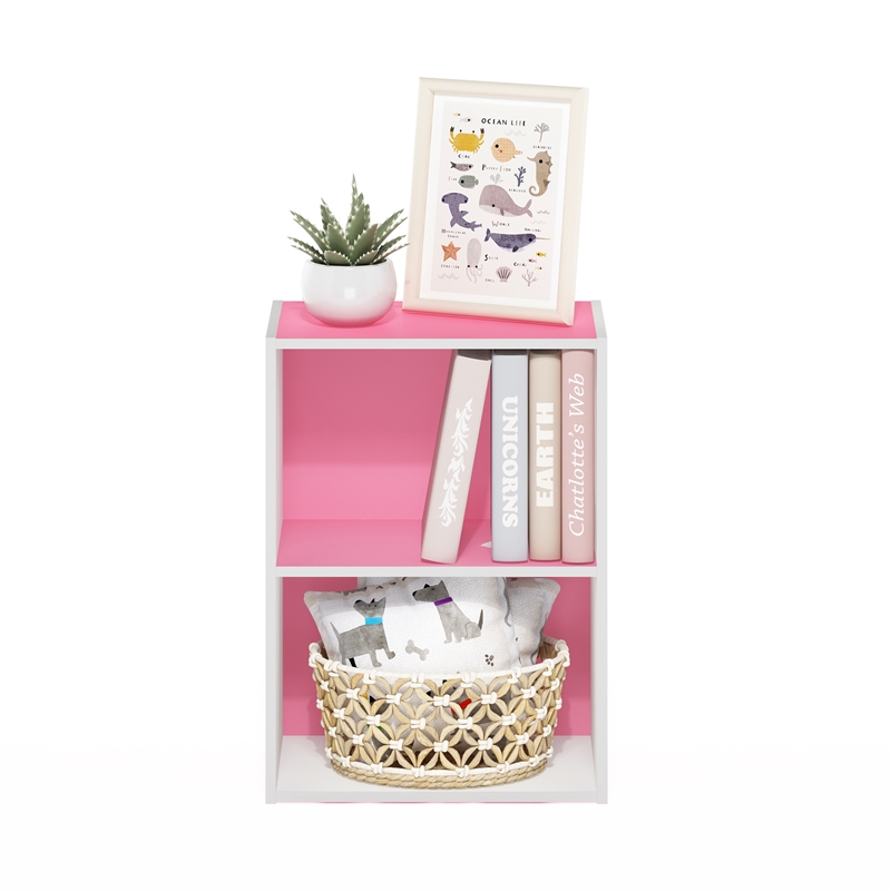 Pemberly Row Contemporary 2-Tier Open Shelf Bookcase in Pink/White